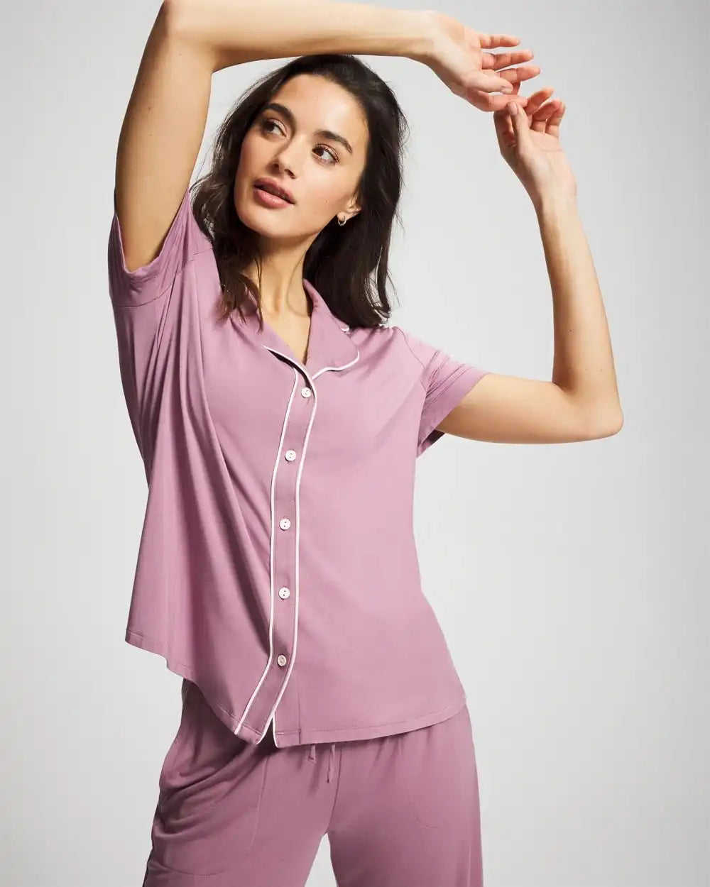 Piped Short Sleeve Notch Collar Pajama Top