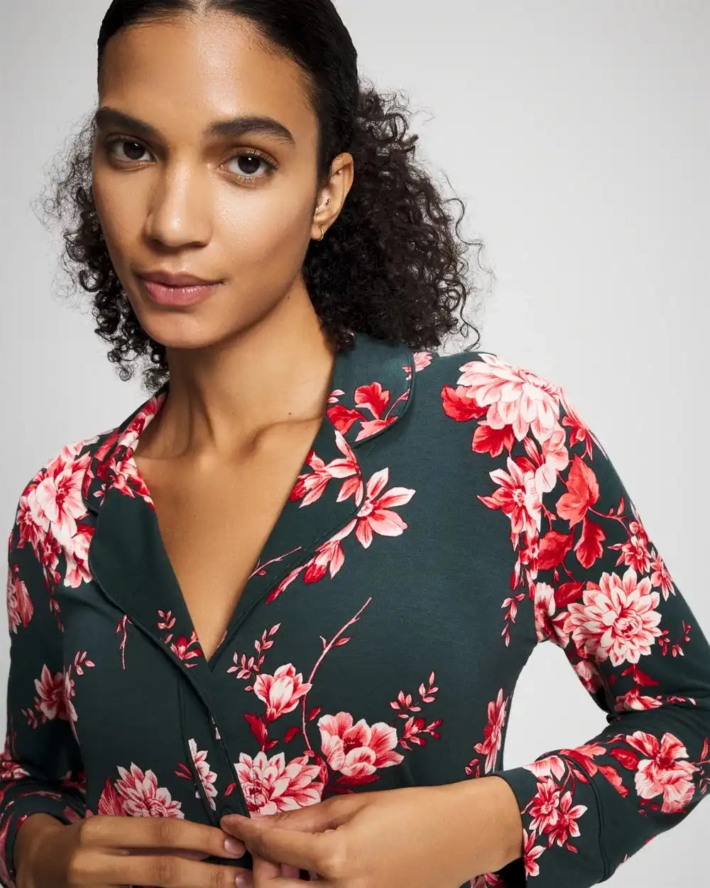 Cool Nights Long Sleeve Notch Collar with Piped Placket Pajama Top
