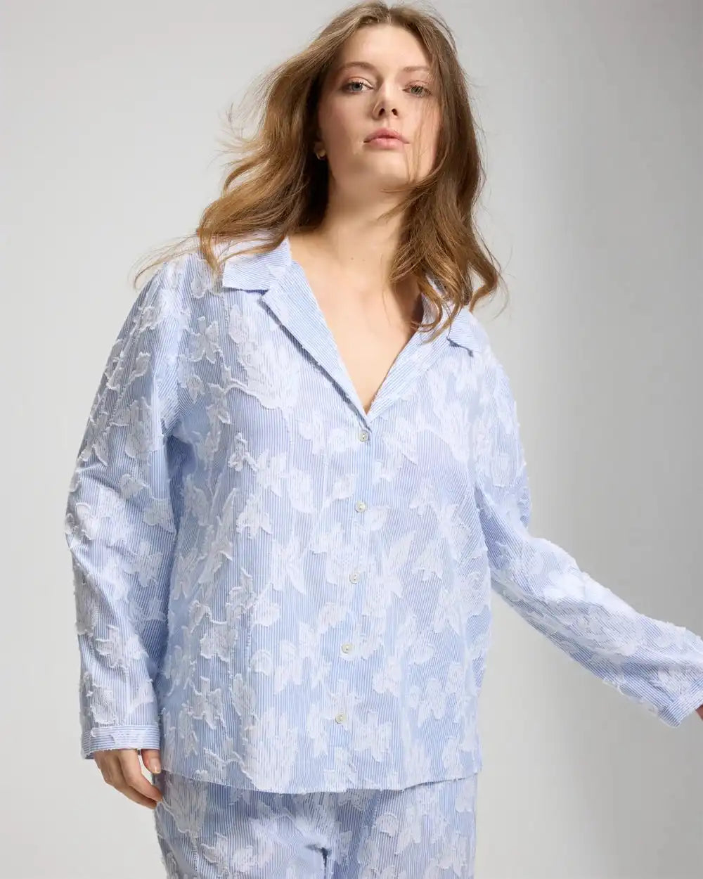 Cotton Striped Jacquard Long-Sleeve Notch Collar Pajama Top