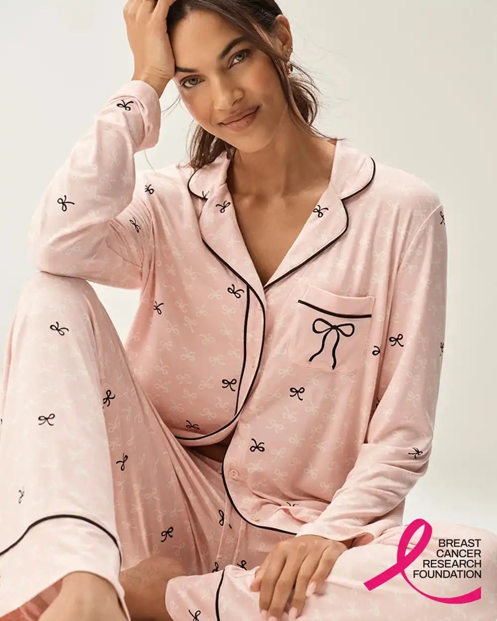 x BCRF Printed Long-Sleeve Notch Collar Pajama Top